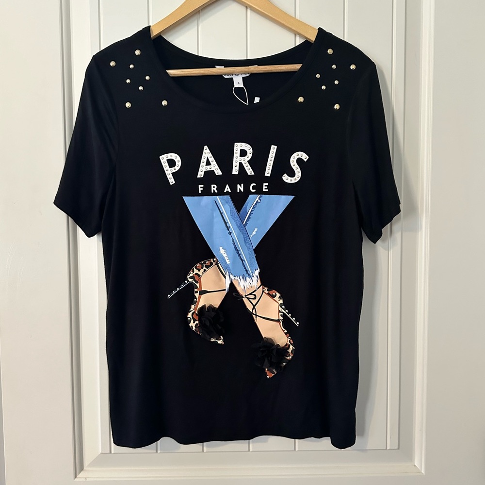 Kiss & Fly NWT Paris France high heels embellished tee T-shirt womens size small